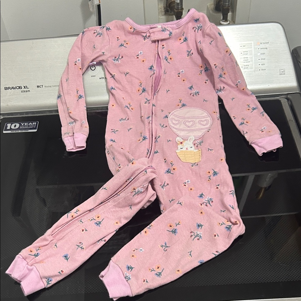 Girls 4t one piece zipper open feet pajamas Easter bunny rabbit hot air balloon